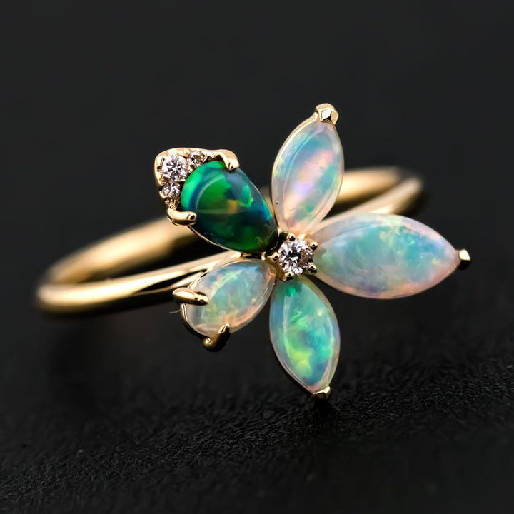 Flower Lighting Ridge Black Opal & Crystal Opal Diamond Ring