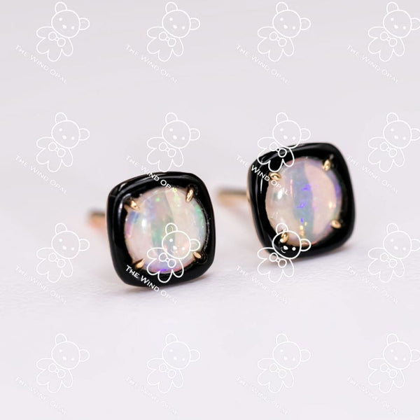 Black Agate Australian Solid Opal Stud Earrings
