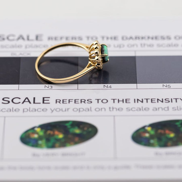 Beautiful Black Opal & Halo Diamond Engagement Ring