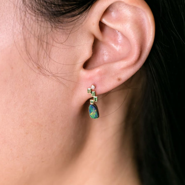 Elegant Black Opal Diamond Tsavorite Drop Earrings