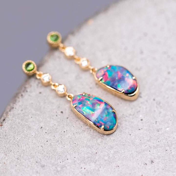 Stylish Doublet Opal Fossil Shell Diamond Tsavorite Drop Earrings