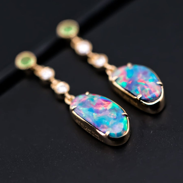 Stylish Doublet Opal Fossil Shell Diamond Tsavorite Drop Earrings