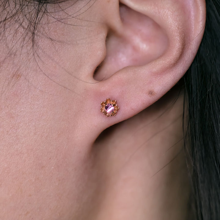 Peony Flower Stud Earrings with Pink Sapphire