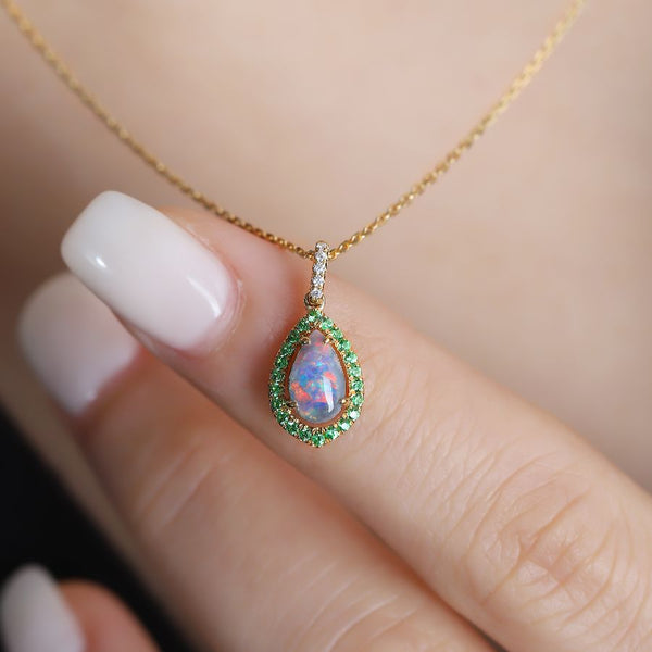 Stylish Australian Black Opal Diamond Tsavorite Pendant Necklace 18K Yellow Gold