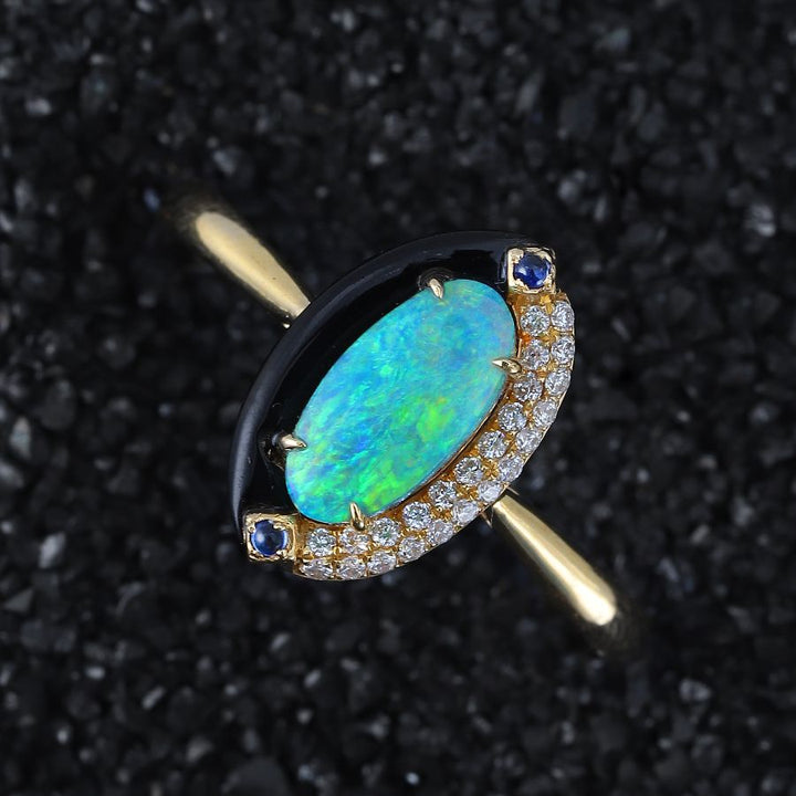 Yin-Yang Semi-Black Opal Diamond Sapphire Engagement Ring