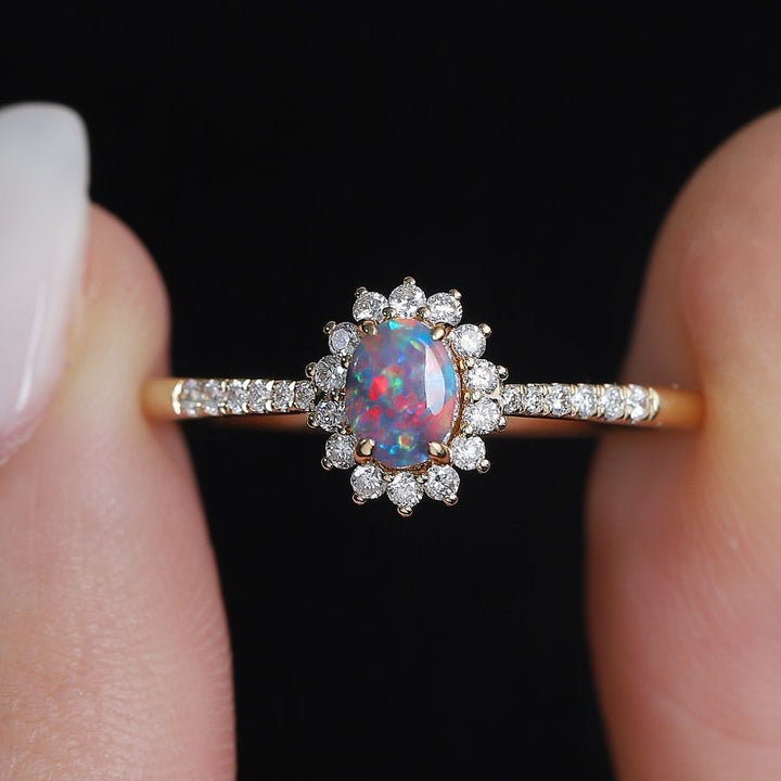 Black Opal & Halo Diamond Engagement Ring 18K