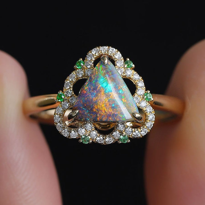 Triangle Boulder Opal Diamond Engagement Ring