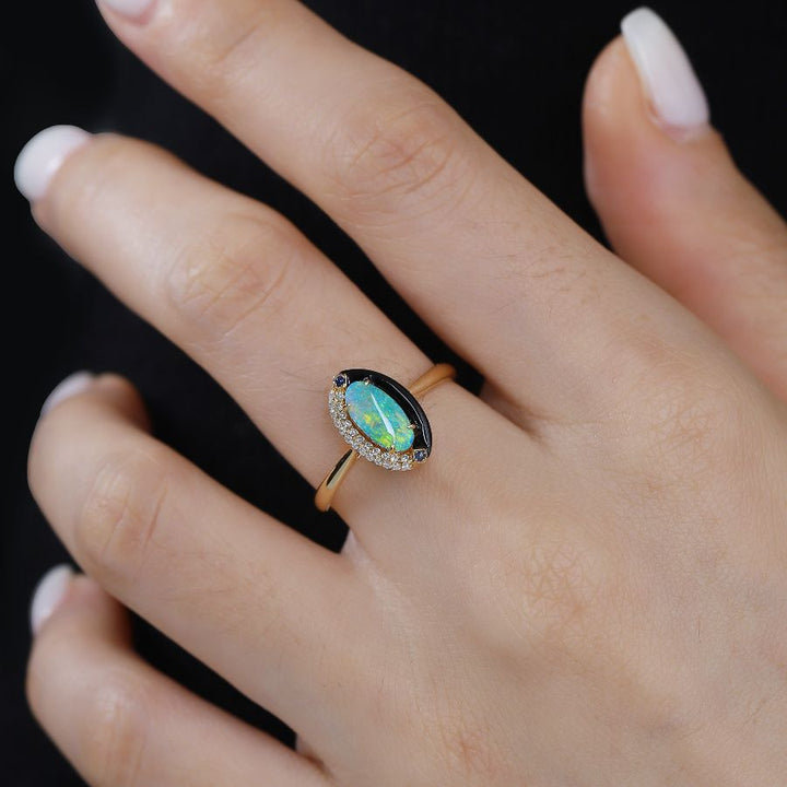 Yin-Yang Semi-Black Opal Diamond Sapphire Engagement Ring