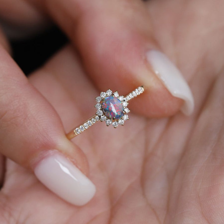 Black Opal & Halo Diamond Engagement Ring 18K