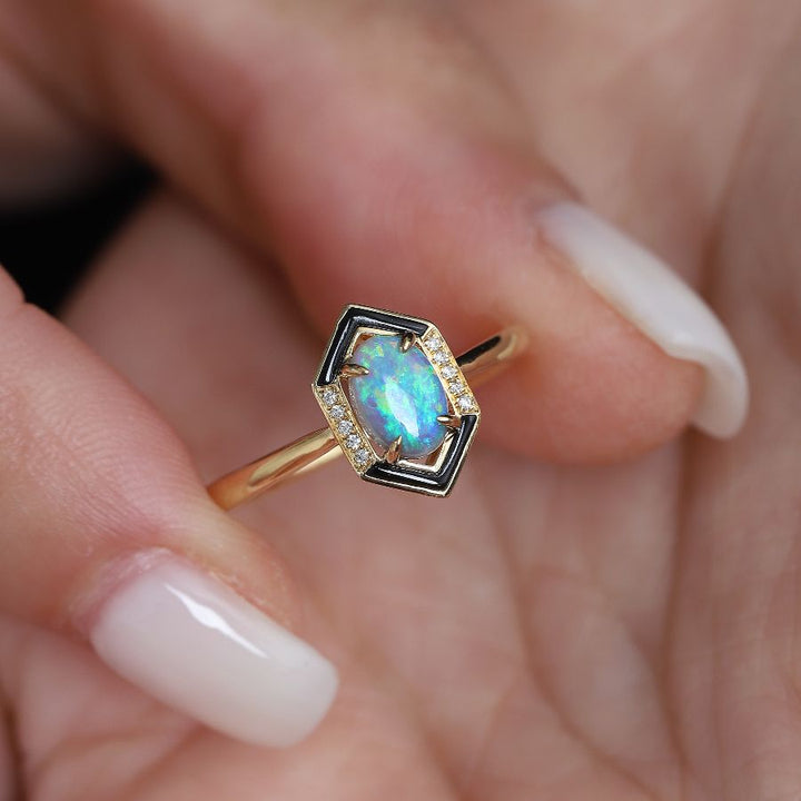 Lightning Ridge Opal Diamond Agate Engagement Ring