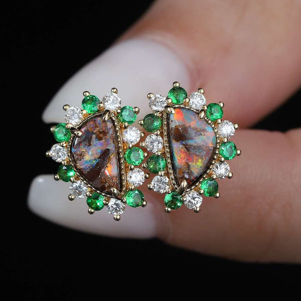 Unique Boulder Opal & Halo Diamond Tsavorite Stud Earrings 18k Yellow Gold