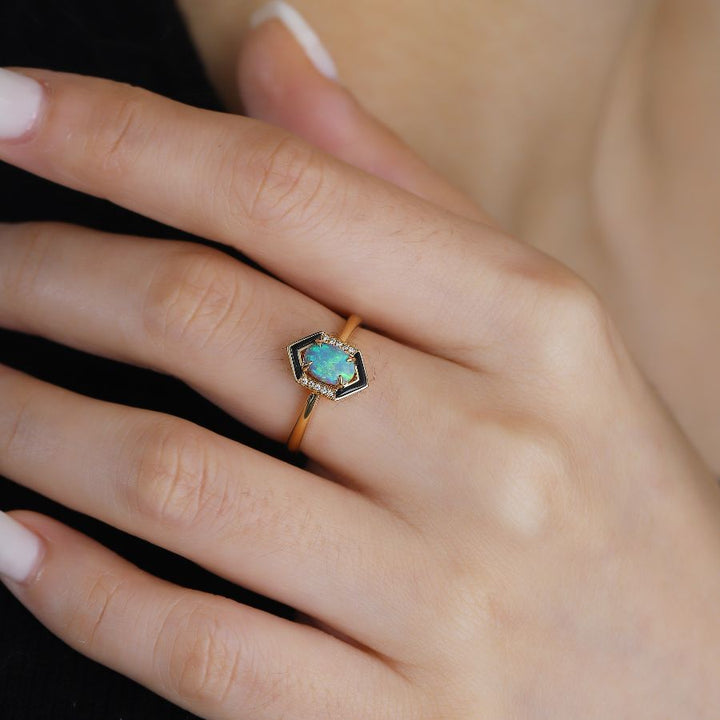 Lightning Ridge Opal Diamond Agate Engagement Ring