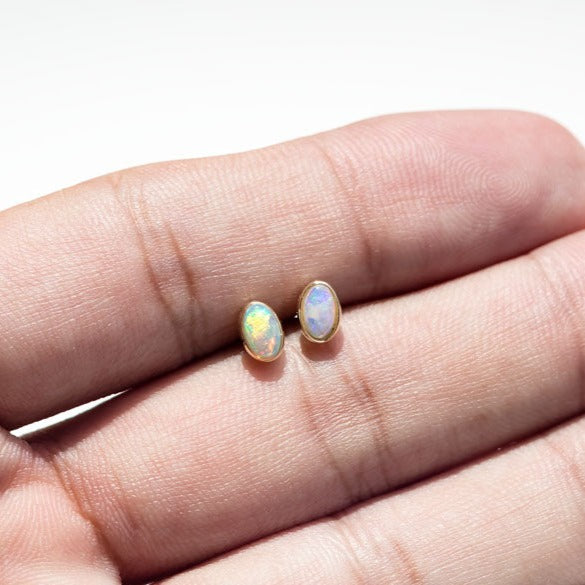 14K Yellow Gold Small Oval Australian Solid Opal Stud Earrings-5