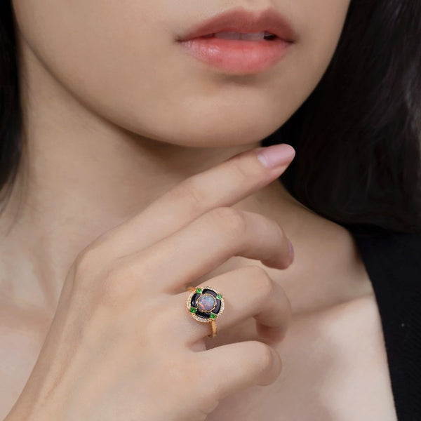 Black Opal, Diamond & Tsavorite Engagement Ring