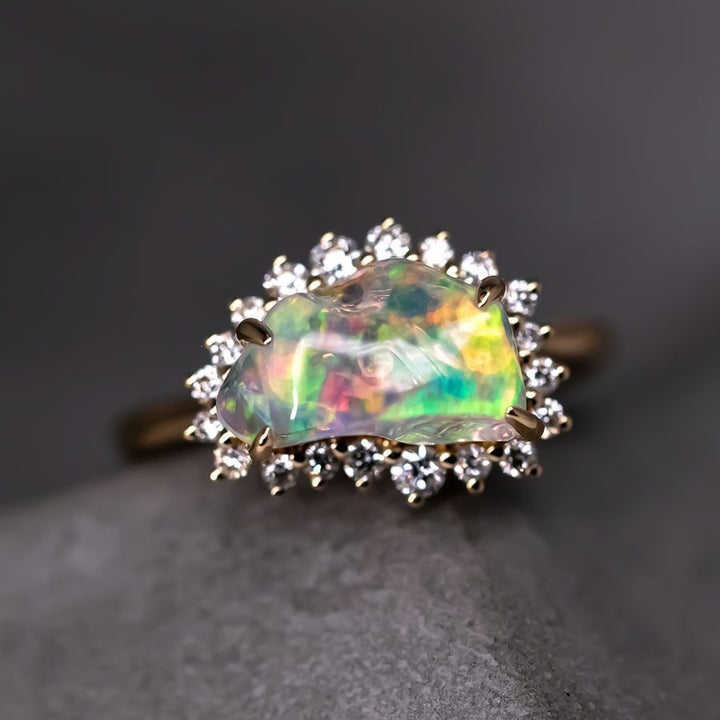 2.33ct Fire Opal Halo Diamond Engagement Ring
