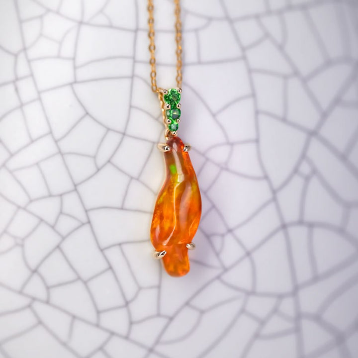 2.83 ct Mexican Fire Opal, Tsavorite Necklace 