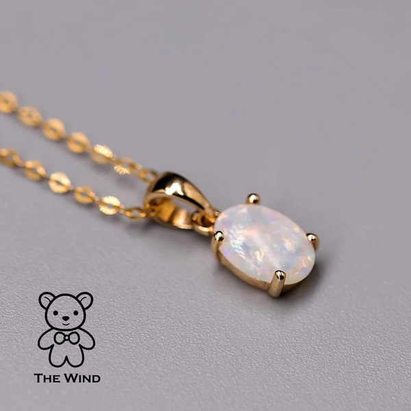 Minimal Oval Shaped Australian Solid Opal Pendant Necklace 14k Yellow Gold Charm Gift for Couples