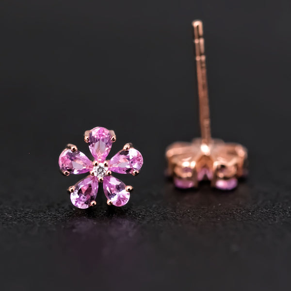 Pink Sapphire Diamond Sakura Cherry Blossom Flower Stud Earrings 18K Rose Gold