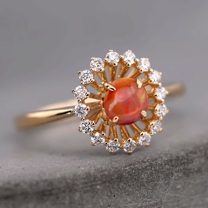 Fire Opal Halo Diamond Engagement Ring