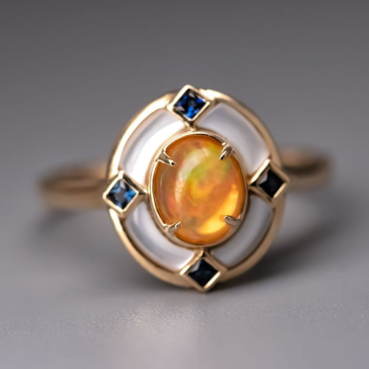 Art Deco Style Fire Opal Sapphire Engagement Ring