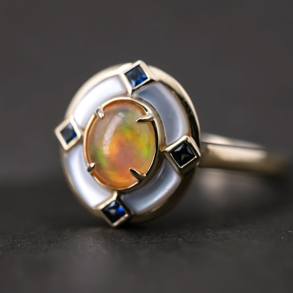 Art Deco Style Fire Opal Sapphire Engagement Ring