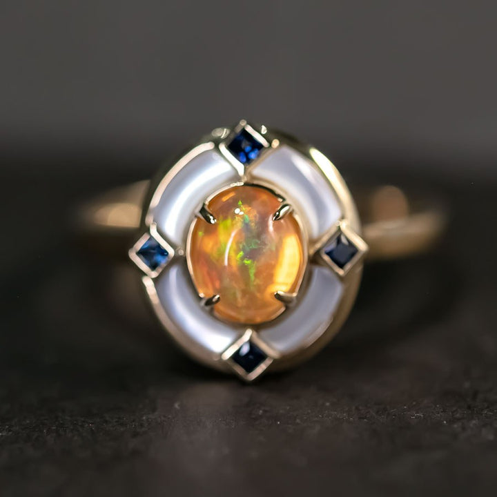 Art Deco Style Fire Opal Sapphire Engagement Ring