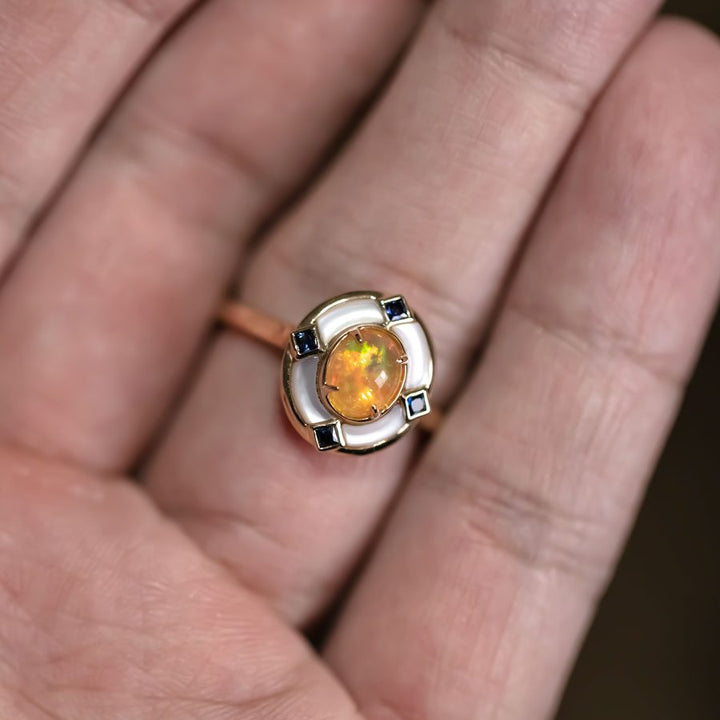 Art Deco Style Fire Opal Sapphire Engagement Ring