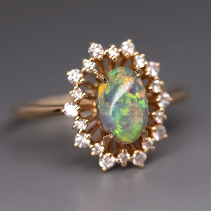 Halo Diamond Semi-Black Opal Engagement Ring