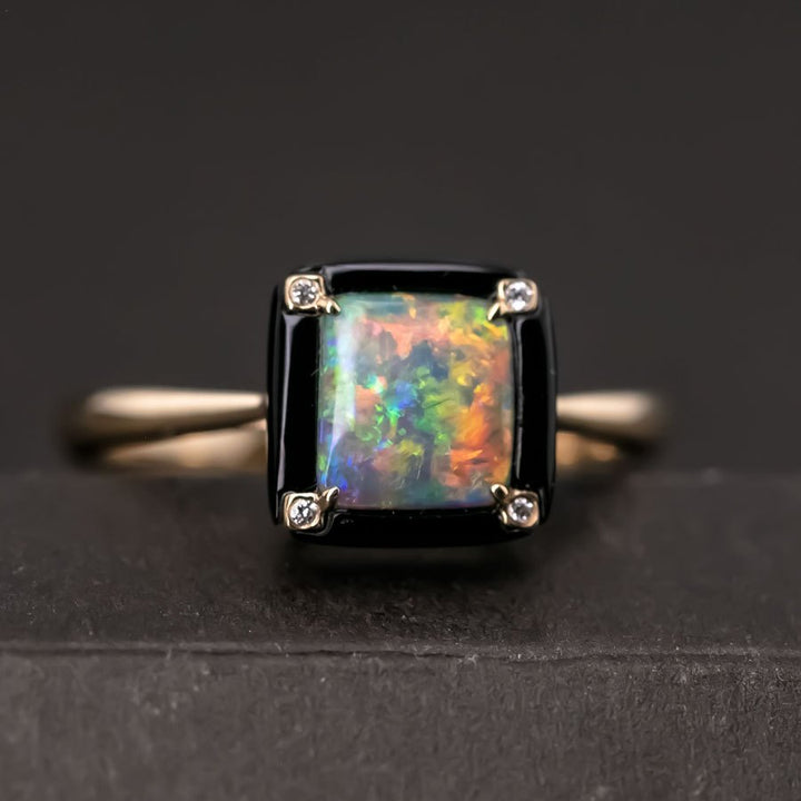 Square Black Opal Diamond Engagement Ring