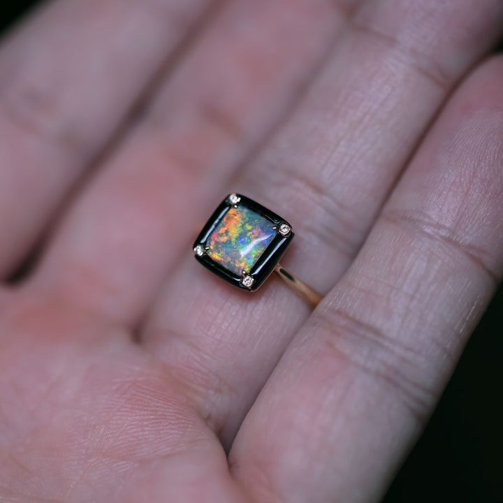 Square Black Opal Diamond Engagement Ring