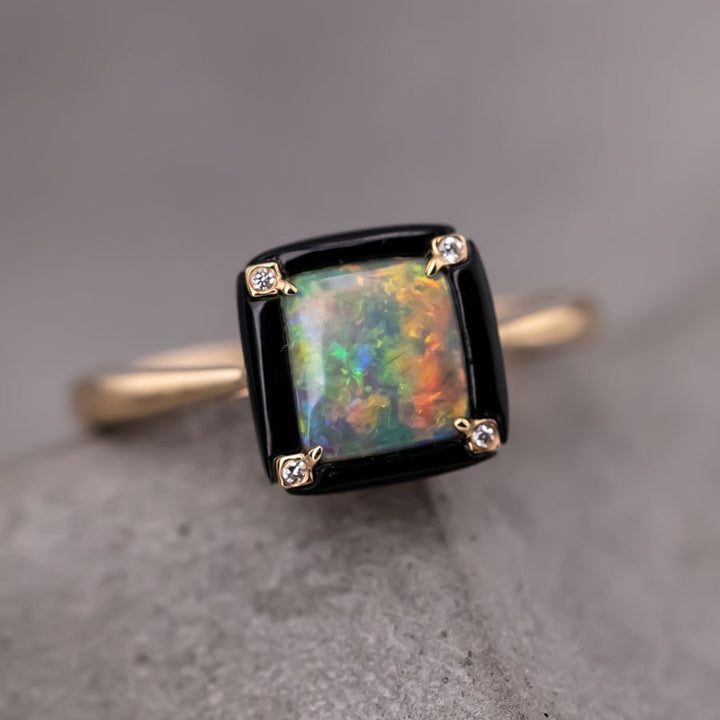 Square Black Opal Diamond Engagement Ring