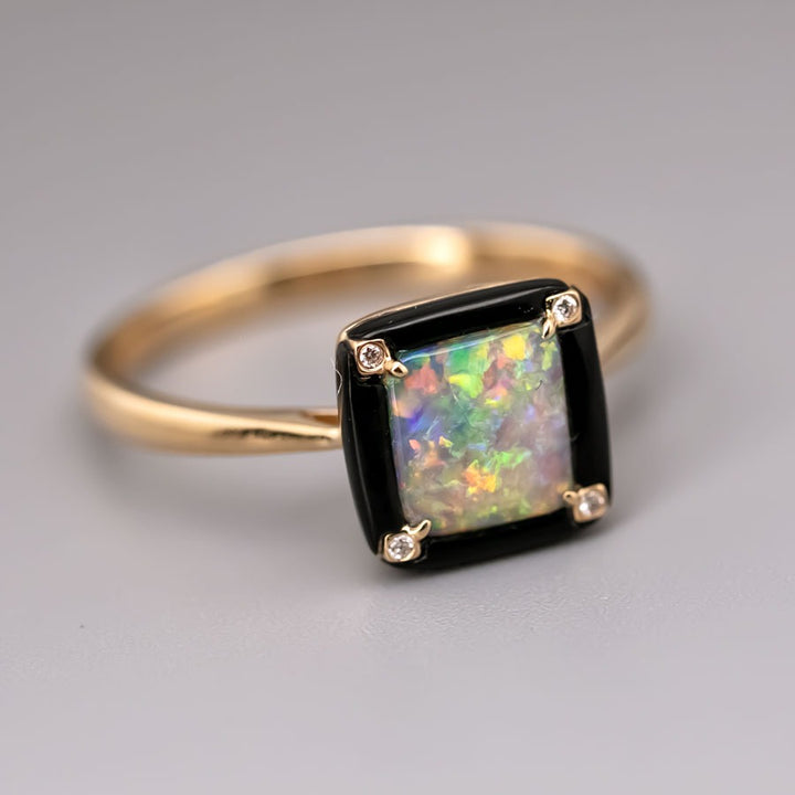 Square Black Opal Diamond Engagement Ring