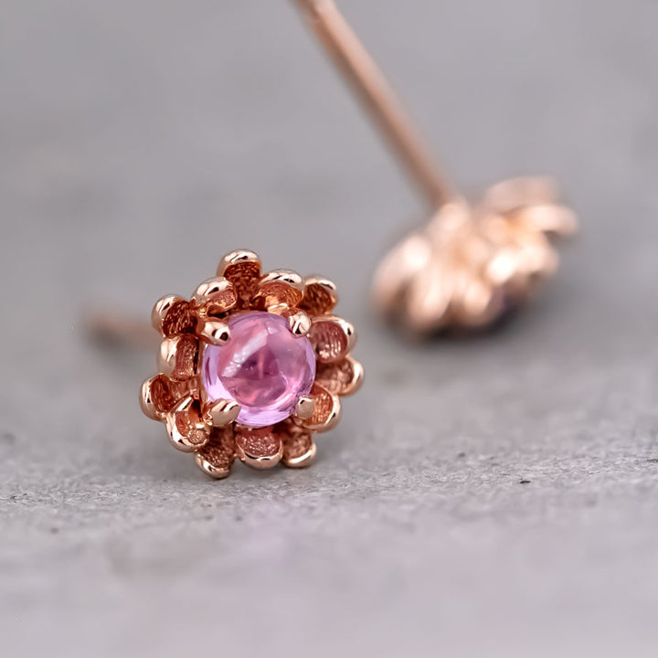 Peony Flower Stud Earrings with Pink Sapphire