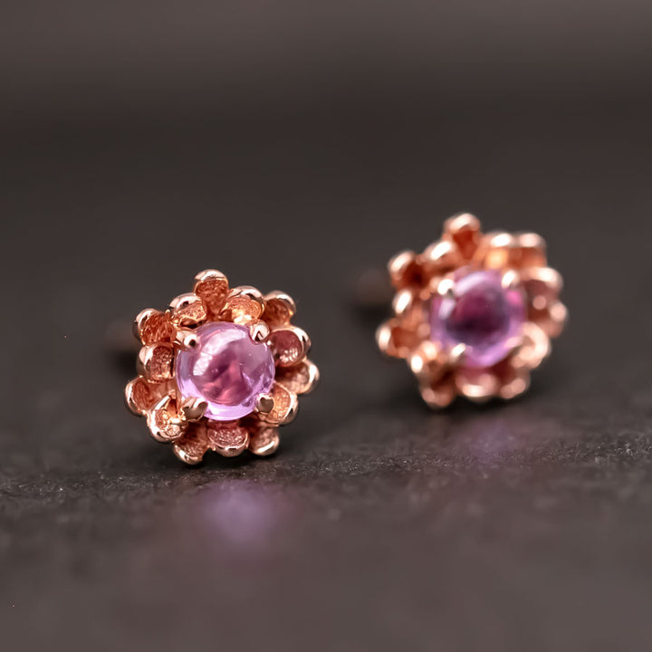 Peony Flower Stud Earrings with Pink Sapphire