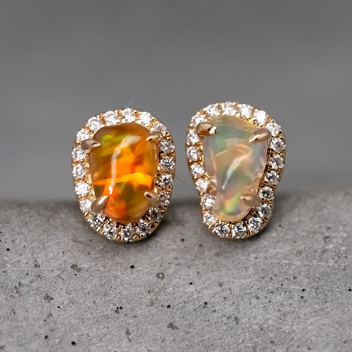 Two Tone Fire Opal Halo Diamond Stud Earrings