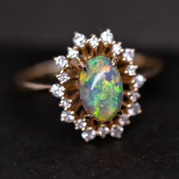 Halo Diamond Semi-Black Opal Engagement Ring