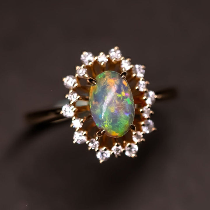 Halo Diamond Semi-Black Opal Engagement Ring