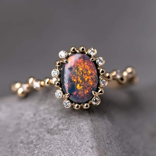 Bubble Tea Design Black Opal Diamond Engagement Ring