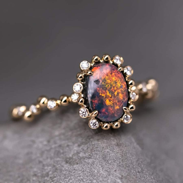 Bubble Tea Design Black Opal Diamond Engagement Ring