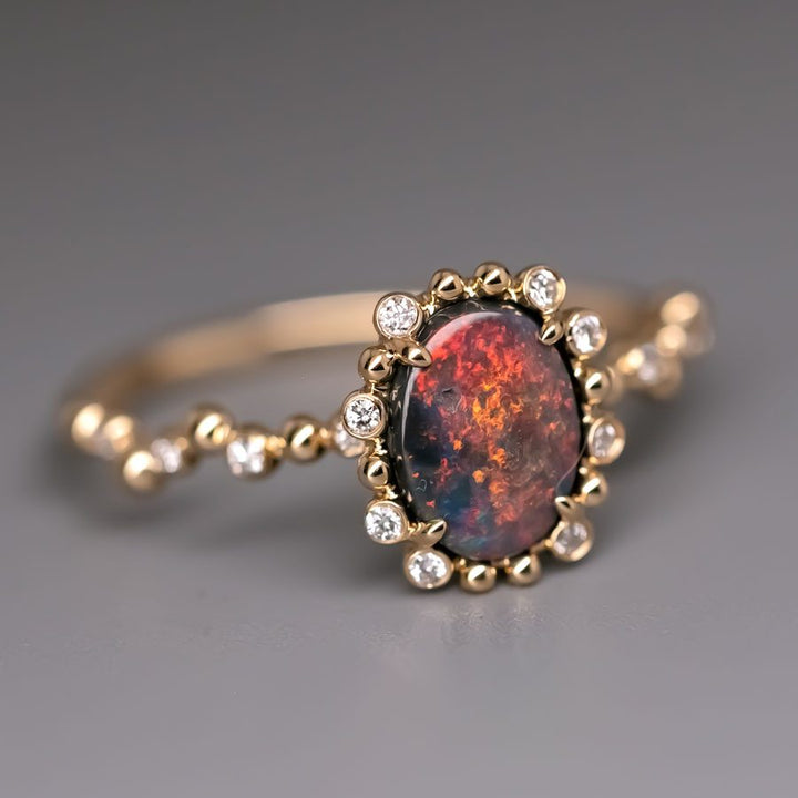 Bubble Tea Design Black Opal Diamond Engagement Ring