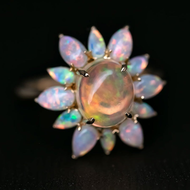 Halo Design Fire Opal Engagement Ring