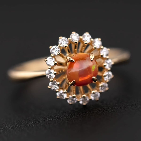 Fire Opal Halo Diamond Engagement Ring