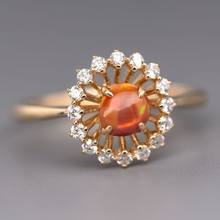 Fire Opal Halo Diamond Engagement Ring