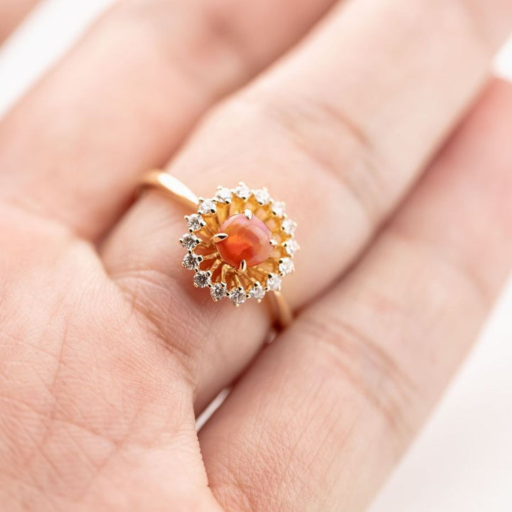 Fire Opal Halo Diamond Engagement Ring