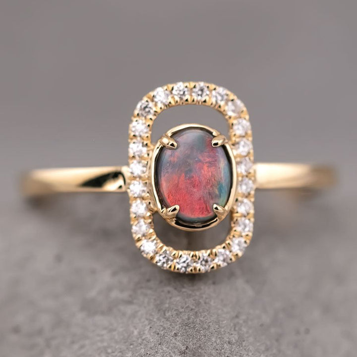 Black Opal & Halo Diamond Engagement Ring