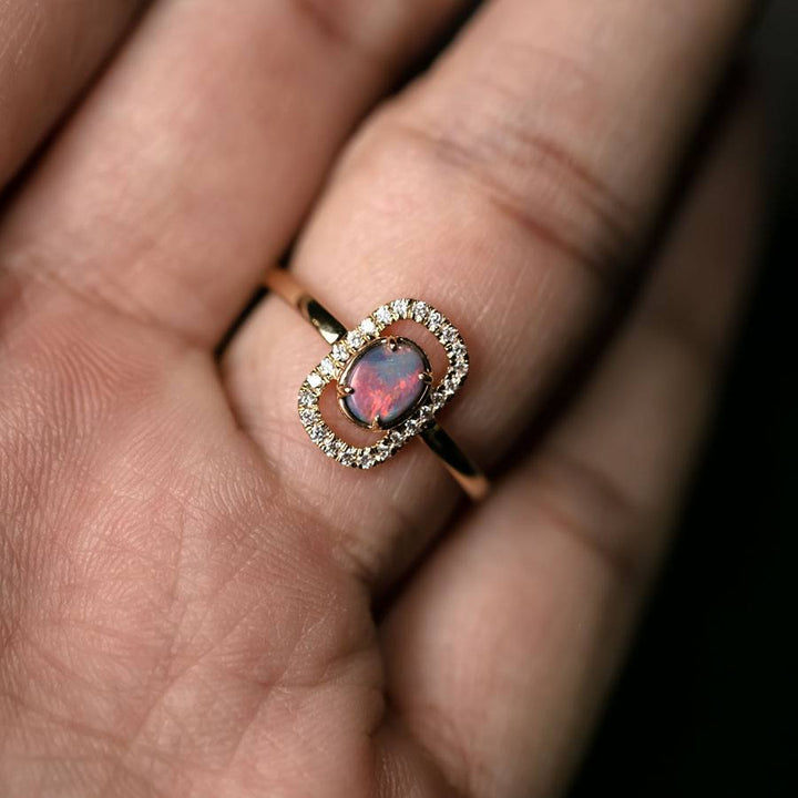 Black Opal & Halo Diamond Engagement Ring