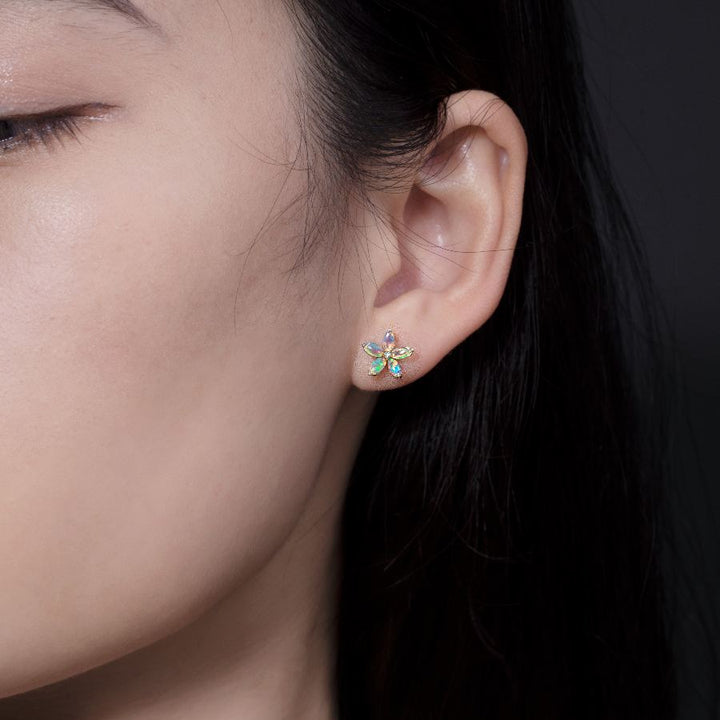 Opal Diamond Sakura Cherry Blossom Flower Stud Earrings