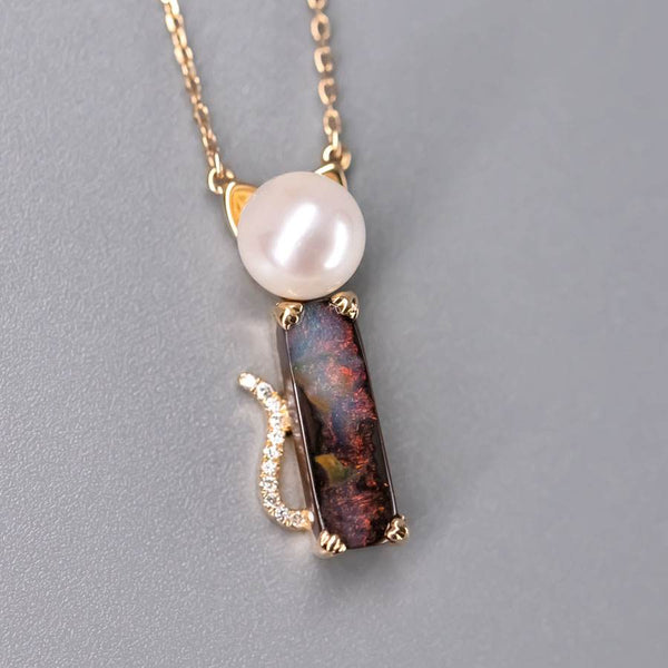 Adorable Paws Kitty Cat Boulder Opal, Diamond & Akoya Pearl Necklace