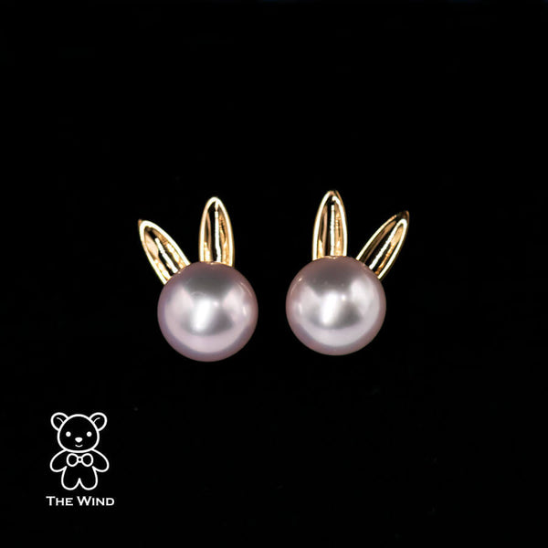 Rabbit Ears Akoya Pearl Stud Earrings 18K Yellow Gold The Wind Opal