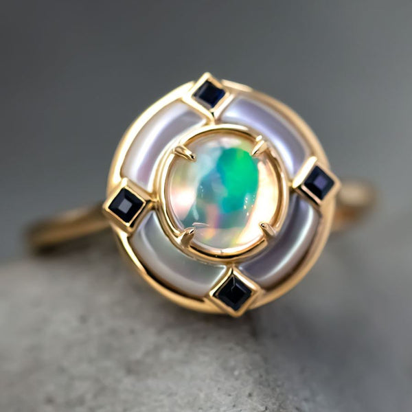 Art Deco Style Fire Opal Sapphire Engagement Ring